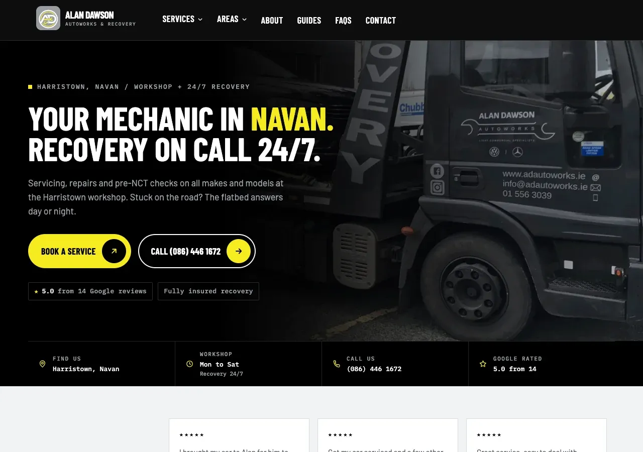 Alan Dawson Autoworks and Recovery website homepage, garage web design in Navan by System Setter
