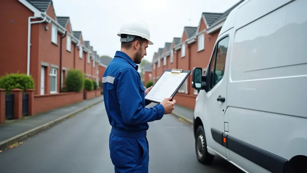Irish tradesperson in work overalls reviewing a job enquiry list beside a white van on a residential street