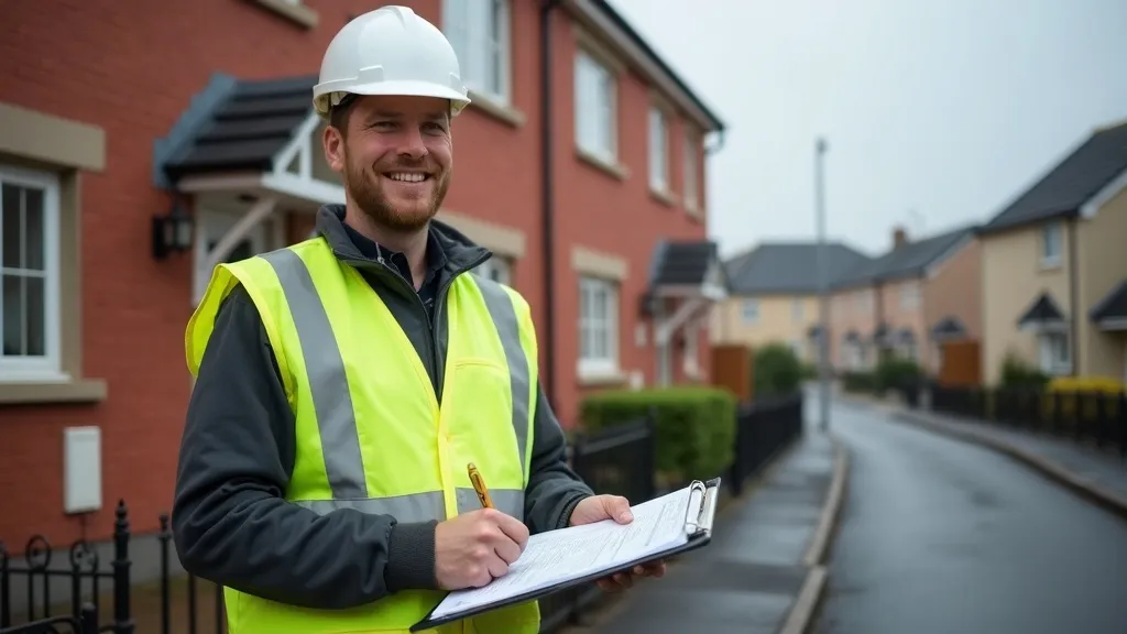 Irish construction site manager in a high-visibility vest reviewing a project checklist on a residential street in Ireland