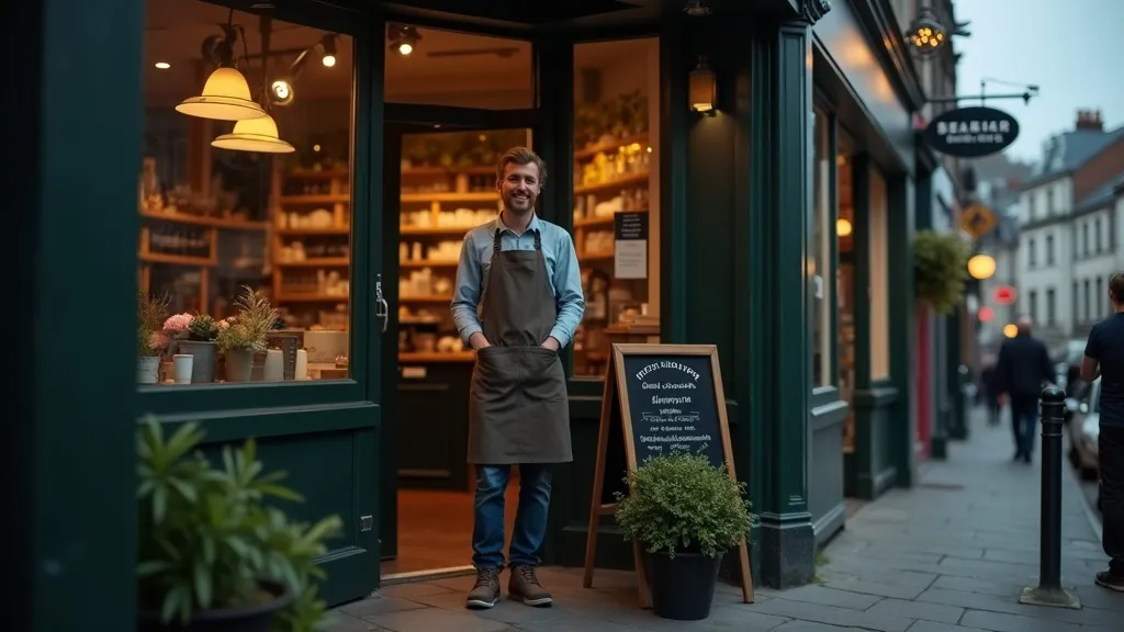 An Irish shop owner standing in their business doorway, illustrating a well optimised Google Business Profile