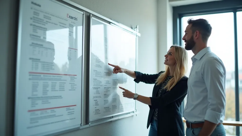 Two Irish business professionals reviewing a printed website wireframe poster in a modern office