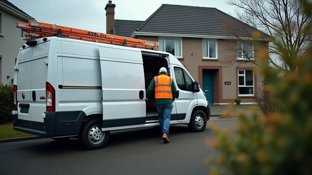 A tradesperson loading a branded work van outside an Irish home, illustrating local SEO for tradespeople
