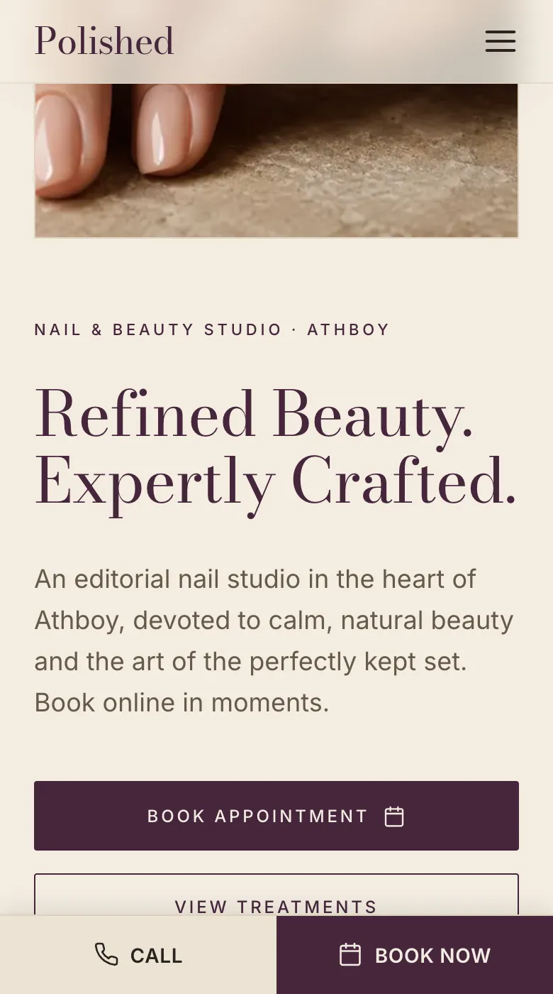 Mobile view of the Polished Nail Studio demo website, mobile-first design by System Setter