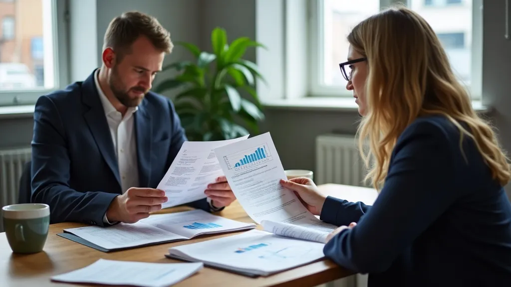 Two Irish business professionals reviewing printed SEO performance reports and marketing charts at a table in a modern office
