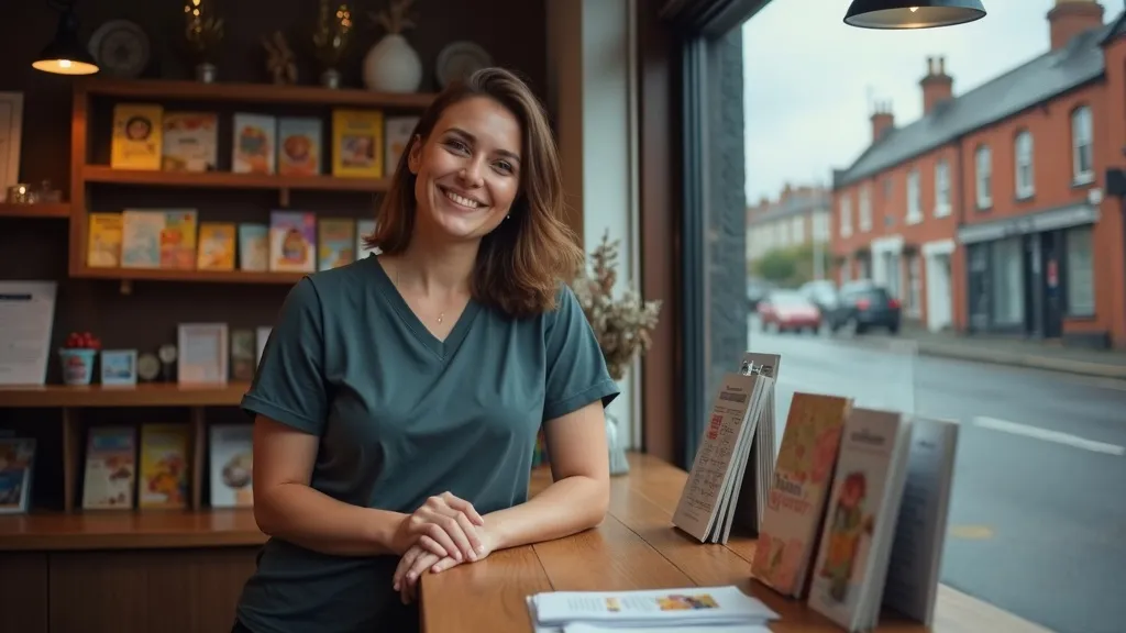 Small business owner smiling at a shop counter in a Northern Ireland high street, brochures visible, red-brick terrace through window