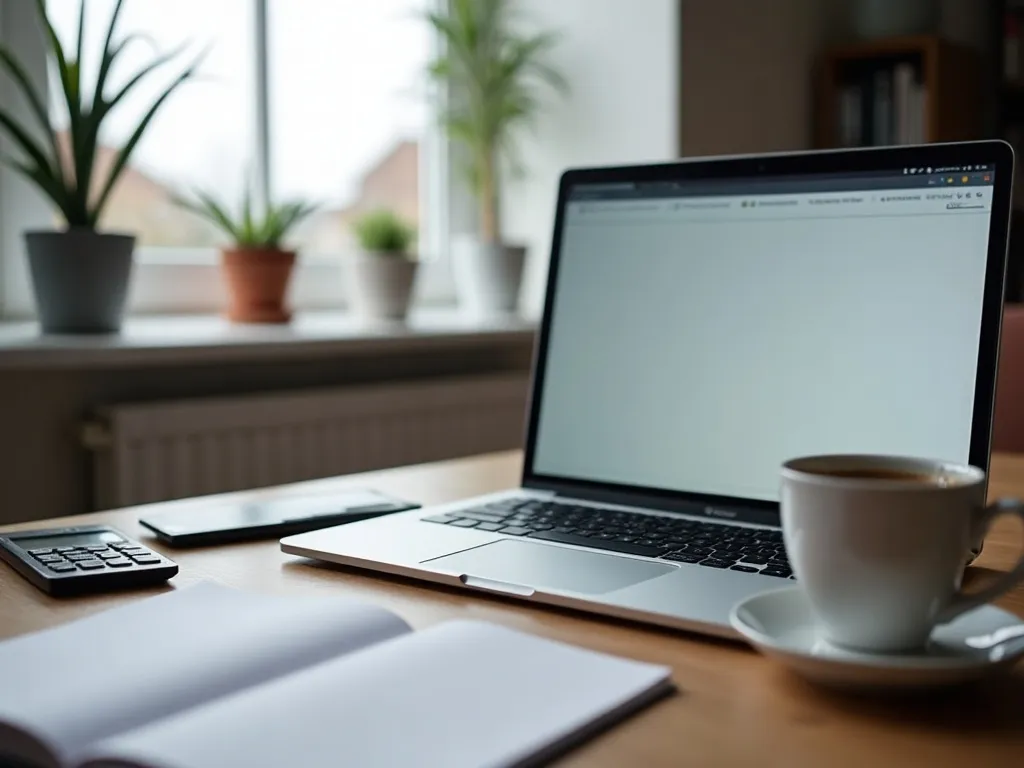Working out the cost of a website in Ireland: a home office desk with a laptop, notebook and calculator
